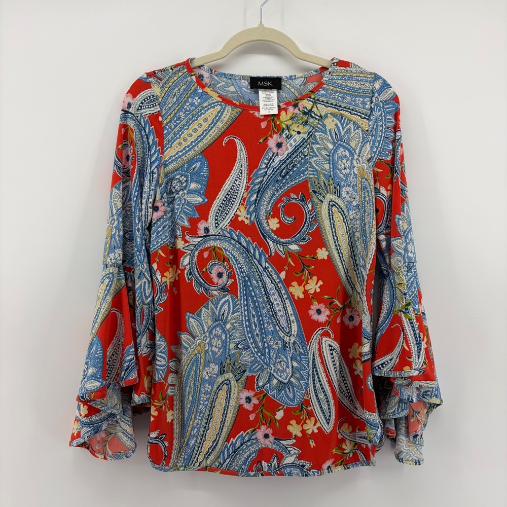 MSK Paisley Bell Sleeve Tunic Top Blouse Orange Blue Floral Print Women's M